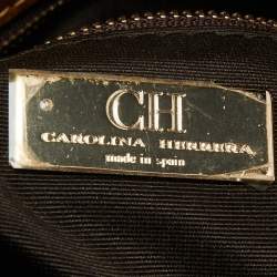 Pre Owned CH Carolina Herrera Gold Logo Embossed Leather Top Zip Chain Tote