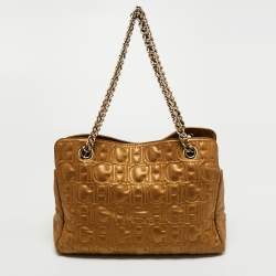 Pre Owned CH Carolina Herrera Gold Logo Embossed Leather Top Zip Chain Tote