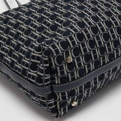 Pre Owned CH Carolina Herrera Navy Blue/White Monogram Canvas and Leather Shopper Tote
