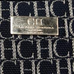 Pre Owned CH Carolina Herrera Navy Blue/White Monogram Canvas and Leather Shopper Tote