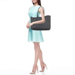 Pre Owned CH Carolina Herrera Navy Blue/White Monogram Canvas and Leather Shopper Tote