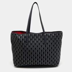 Pre Owned CH Carolina Herrera Navy Blue/White Monogram Canvas and Leather Shopper Tote