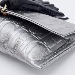 Pre Owned CH Carolina Herrera Metallic Silver Monogram Leather Tassel Clutch