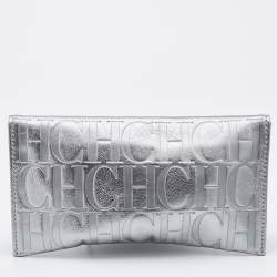 Pre Owned CH Carolina Herrera Metallic Silver Monogram Leather Tassel Clutch