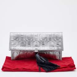 Pre Owned CH Carolina Herrera Metallic Silver Monogram Leather Tassel Clutch