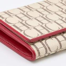 Pre Owned CH Carolina Herrera Cream/Red Monogram Coated Canvas Continental Wallet