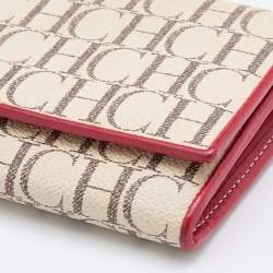 Pre Owned CH Carolina Herrera Cream/Red Monogram Coated Canvas Continental Wallet