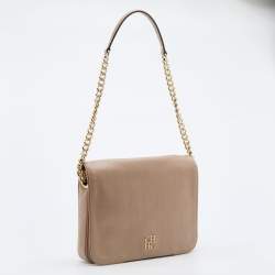 Pre Owned CH Carolina Herrera Beige Leather Chain Flap Shoulder Bag