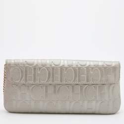 Pre Owned CH Carolina Herrera Metallic Grey Monogram Leather Bow Chain Clutch