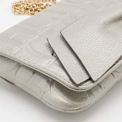 Pre Owned CH Carolina Herrera Metallic Grey Monogram Leather Bow Chain Clutch