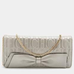 Pre Owned CH Carolina Herrera Metallic Grey Monogram Leather Bow Chain Clutch