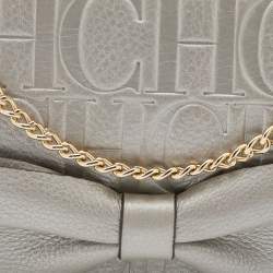 Pre Owned CH Carolina Herrera Metallic Grey Monogram Leather Bow Chain Clutch