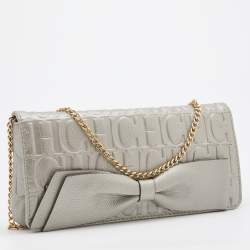 Pre Owned CH Carolina Herrera Metallic Grey Monogram Leather Bow Chain Clutch