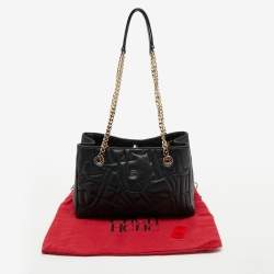 Pre Owned CH Carolina Herrera Black Logo Embossed Leather Chain Tote
