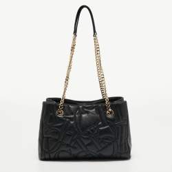 Pre Owned CH Carolina Herrera Black Logo Embossed Leather Chain Tote
