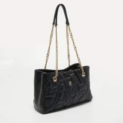 Pre Owned CH Carolina Herrera Black Logo Embossed Leather Chain Tote