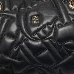 Pre Owned CH Carolina Herrera Black Logo Embossed Leather Chain Tote