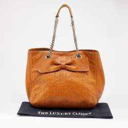 Pre Owned CH Carolina Herrera Brown Monogram Embossed Leather Audrey Tote