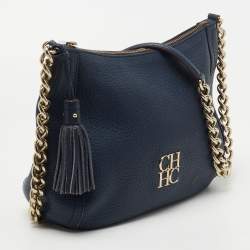 Pre Owned CH Carolina Herrera Navy Blue Pebbled Leather Maria Shoulder Bag