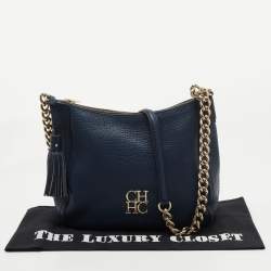 Pre Owned CH Carolina Herrera Navy Blue Pebbled Leather Maria Shoulder Bag