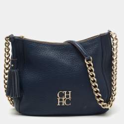 Pre Owned CH Carolina Herrera Navy Blue Pebbled Leather Maria Shoulder Bag