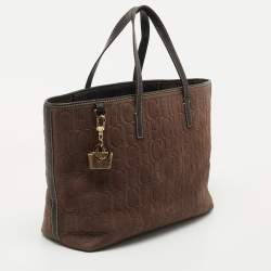 Pre Owned CH Carolina Herrera Brown/Black Monogram Embossed Nubuck and Leather Shopper Tote 
