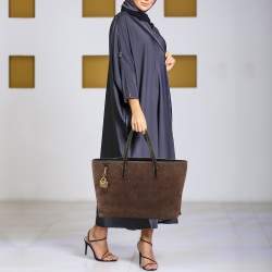 Pre Owned CH Carolina Herrera Brown/Black Monogram Embossed Nubuck and Leather Shopper Tote 