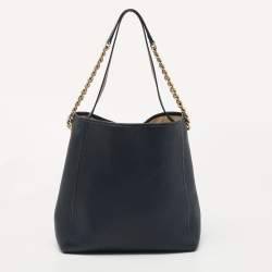 Pre Owned CH Carolina Herrera Navy Blue Grained Leather Chain Shoulder Bag