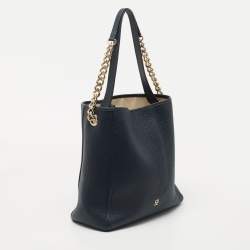 Pre Owned CH Carolina Herrera Navy Blue Grained Leather Chain Shoulder Bag