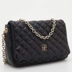 Pre Owned CH Carolina Herrera Black Quilted Leather Chain Flap Shoulder Bag