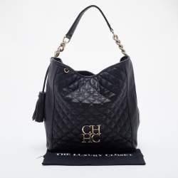 Pre Owned CH Carolina Herrera Black Quilted Leather Tassel Tote