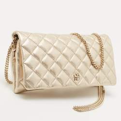 Pre Owned CH Carolina Herrera Metallic Gold Quilted Leather Flap Chain Clutch