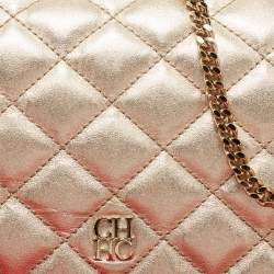 Pre Owned CH Carolina Herrera Metallic Gold Quilted Leather Flap Chain Clutch