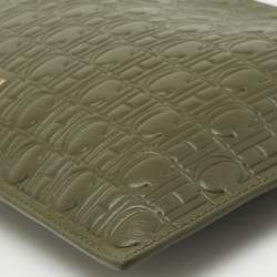 Pre Owned CH Carolina Herrera Green Monogram Leather Zip Wristlet Pouch