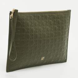 Pre Owned CH Carolina Herrera Green Monogram Leather Zip Wristlet Pouch