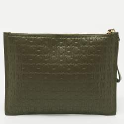 Pre Owned CH Carolina Herrera Green Monogram Leather Zip Wristlet Pouch