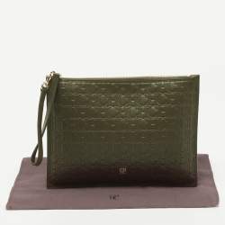 Pre Owned CH Carolina Herrera Green Monogram Leather Zip Wristlet Pouch