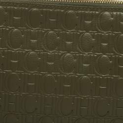 Pre Owned CH Carolina Herrera Green Monogram Leather Zip Wristlet Pouch