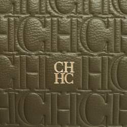 Pre Owned CH Carolina Herrera Green Monogram Leather Zip Wristlet Pouch