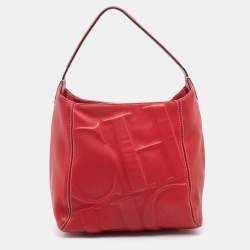 Pre Owned CH Carolina Herrera Red Leather Logo Embossed Hobo