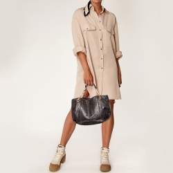 Pre Owned CH Carolina Herrera Dark Brown Monogram Embossed Leather Tote