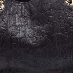 Pre Owned CH Carolina Herrera Dark Brown Monogram Embossed Leather Tote
