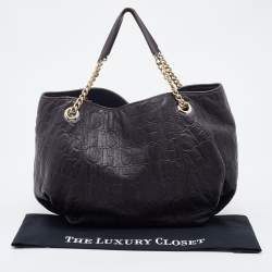 Pre Owned CH Carolina Herrera Dark Brown Monogram Embossed Leather Tote