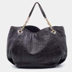 Pre Owned CH Carolina Herrera Dark Brown Monogram Embossed Leather Tote