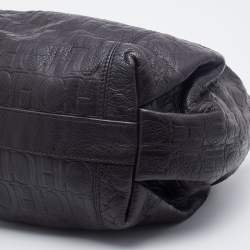 Pre Owned CH Carolina Herrera Dark Brown Monogram Embossed Leather Tote