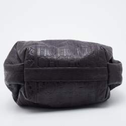 Pre Owned CH Carolina Herrera Dark Brown Monogram Embossed Leather Tote