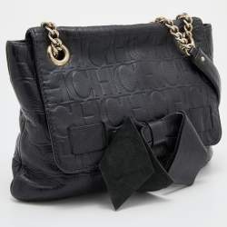 Pre Owned CH Carolina Herrera Black Monogram Leather Audrey Flap Shoulder Bag