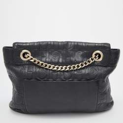 Pre Owned CH Carolina Herrera Black Monogram Leather Audrey Flap Shoulder Bag