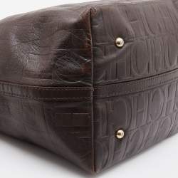 Pre Owned CH Carolina Herrera Dark Brown Embossed Leather Matryoshka Tote