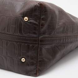 Pre Owned CH Carolina Herrera Dark Brown Embossed Leather Matryoshka Tote